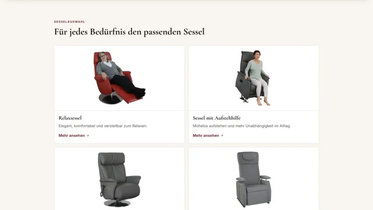 RentschSitzgut-Website mit klar beschriebenen Sesselkategorien als Beispiel für einschätzbare Auswahlmöglichkeiten
