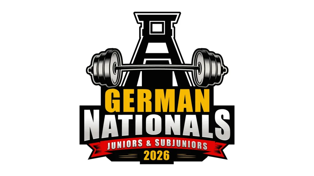 Das von uns gestaltete Logo der German Nationals Juniors und Subjuniors 2026 mit Förderturm und Langhantel