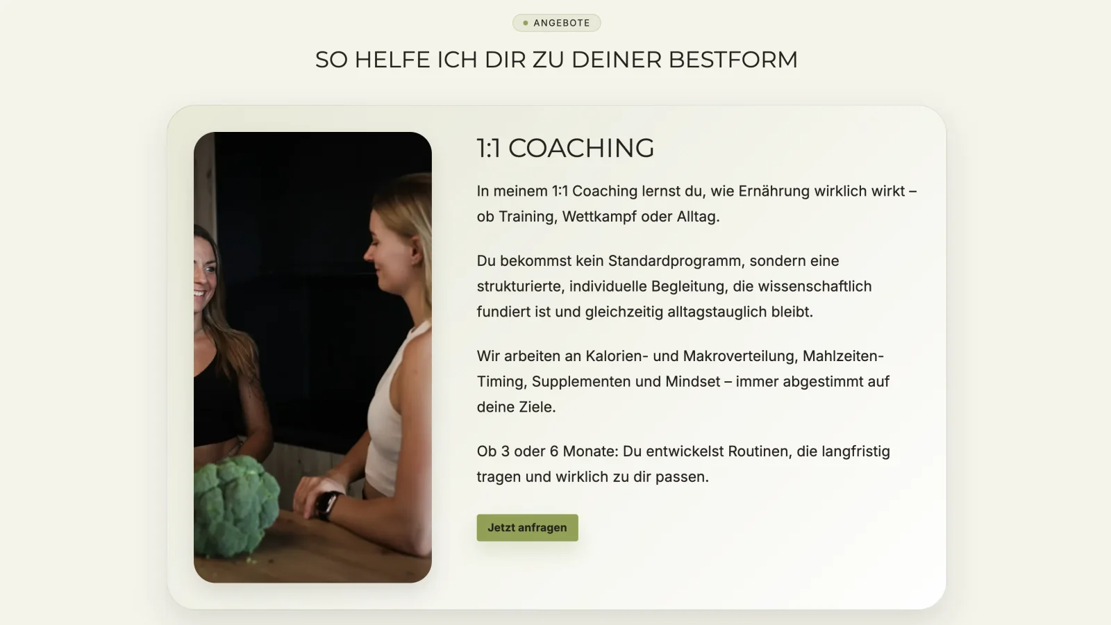 Angebotsbereich der Website von Lynn Starke mit klarer, alltagsnaher Sprache für ein persönliches Ernährungscoaching
