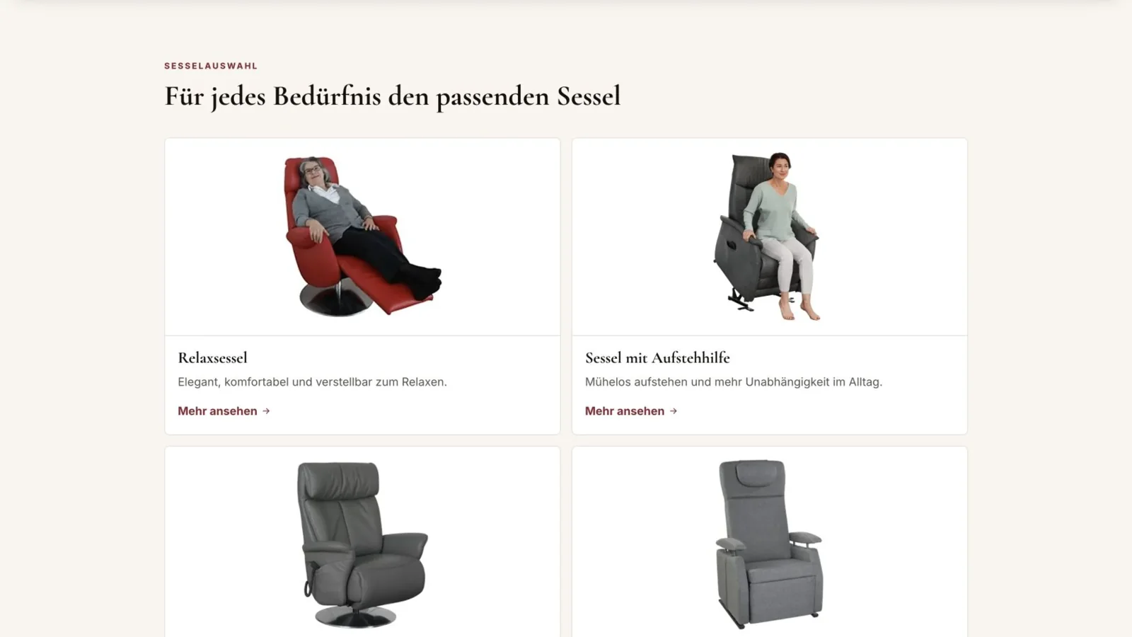 RentschSitzgut-Website mit klar beschriebenen Sesselkategorien als Beispiel für einschätzbare Auswahlmöglichkeiten