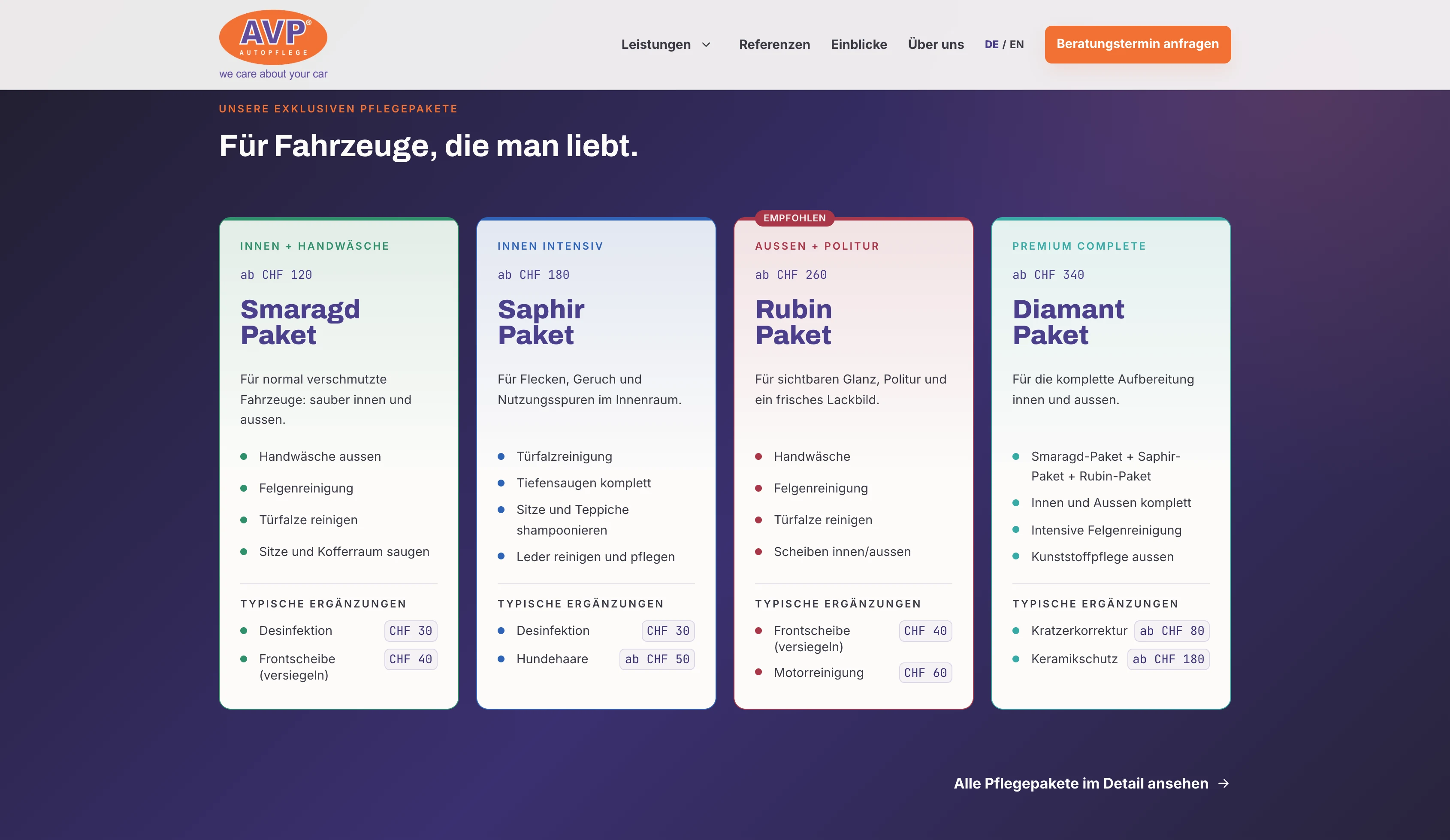 Pflegepakete auf der Website von AVP Autopflege