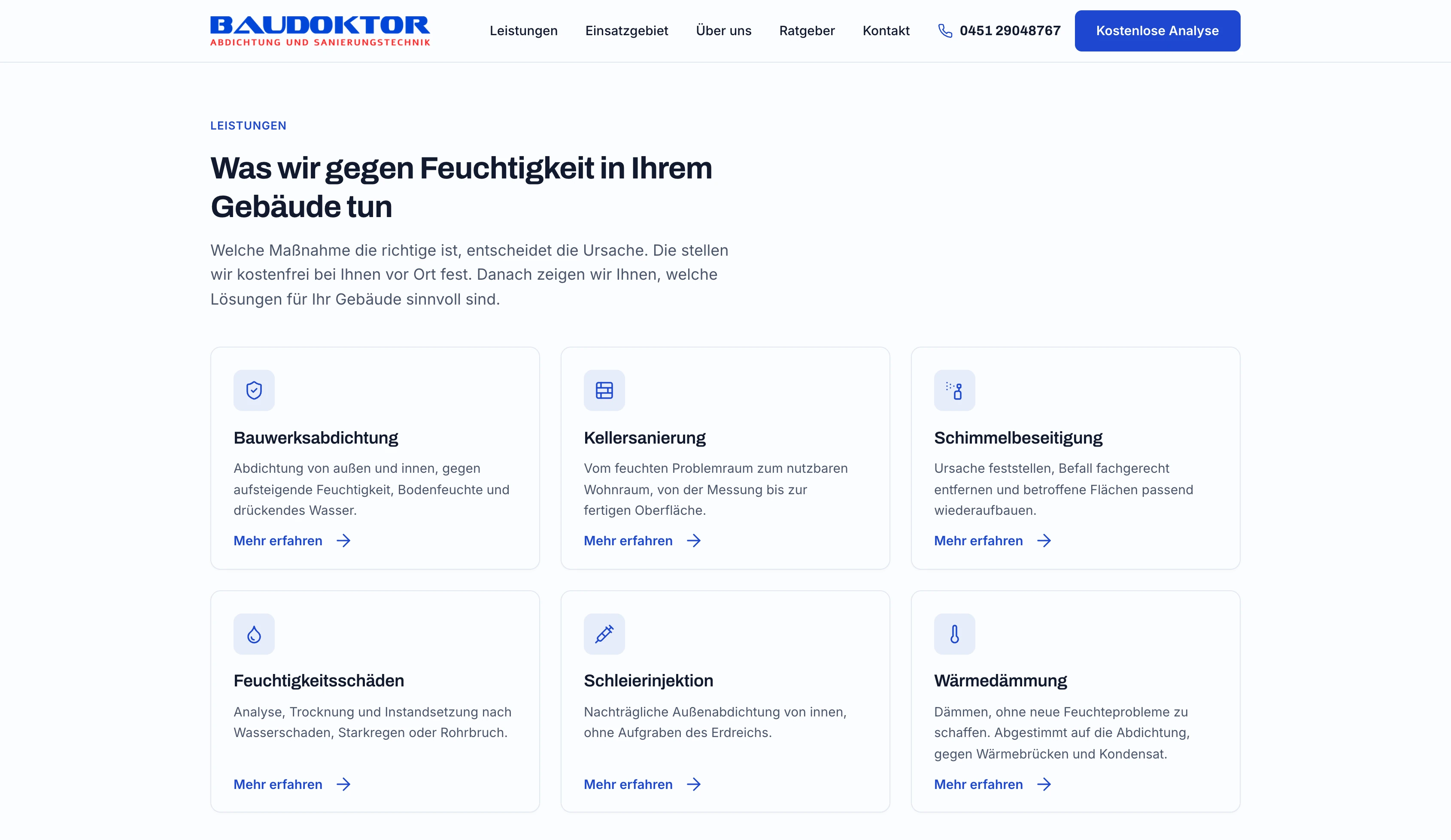 Leistungsübersicht der Website von BAUDOKTOR Nord