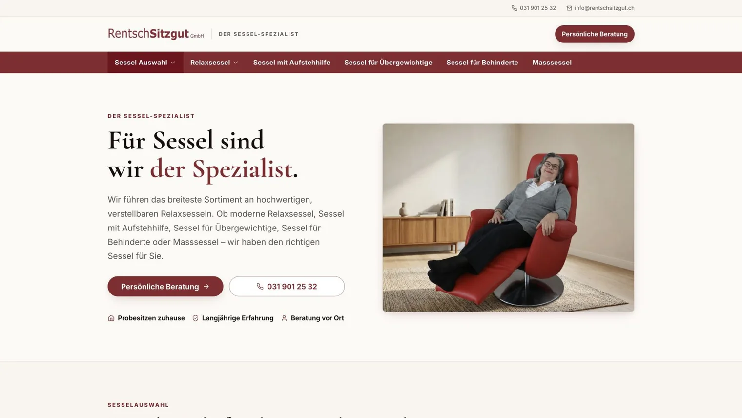 Startseite der RentschSitzgut Website mit rotem Relaxsessel