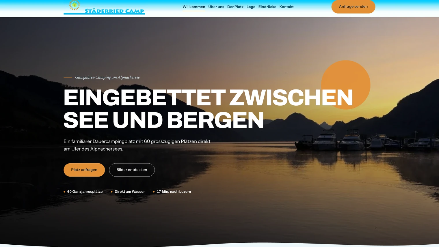 Startseiten-Hero von Städerried Camp mit Sonnenaufgang am Alpnachersee