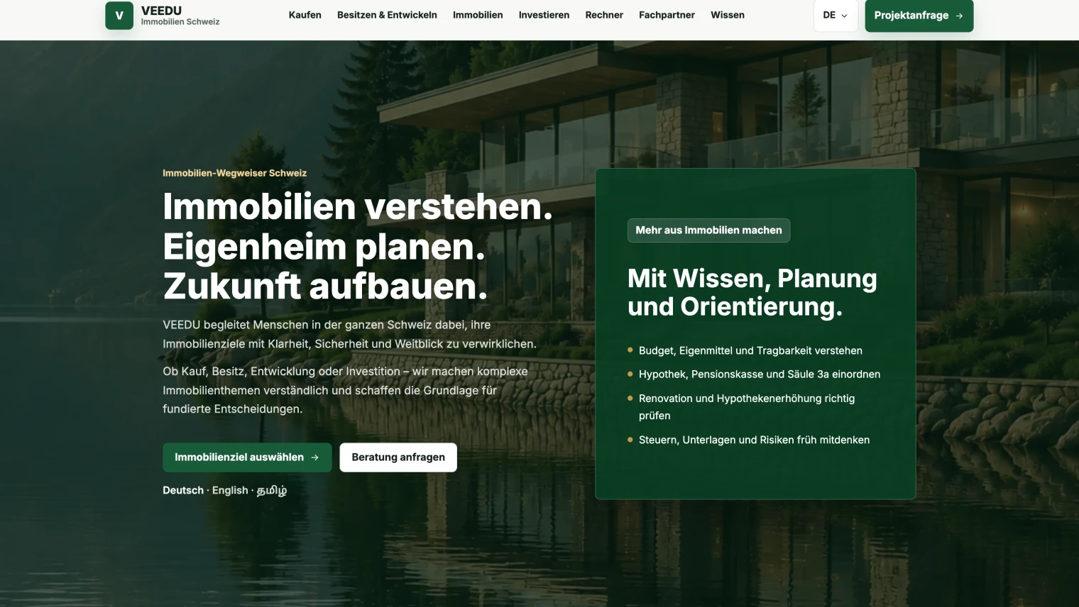 Hero der VEEDU Website mit Immobilien-Wegweiser für die Schweiz