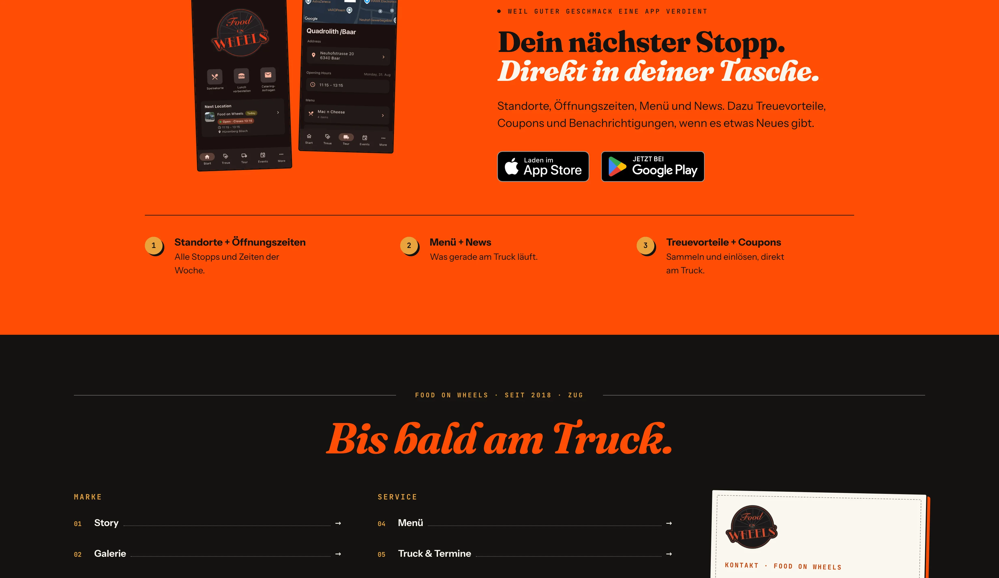 App-Bereich und Footer auf der Food on Wheels Startseite