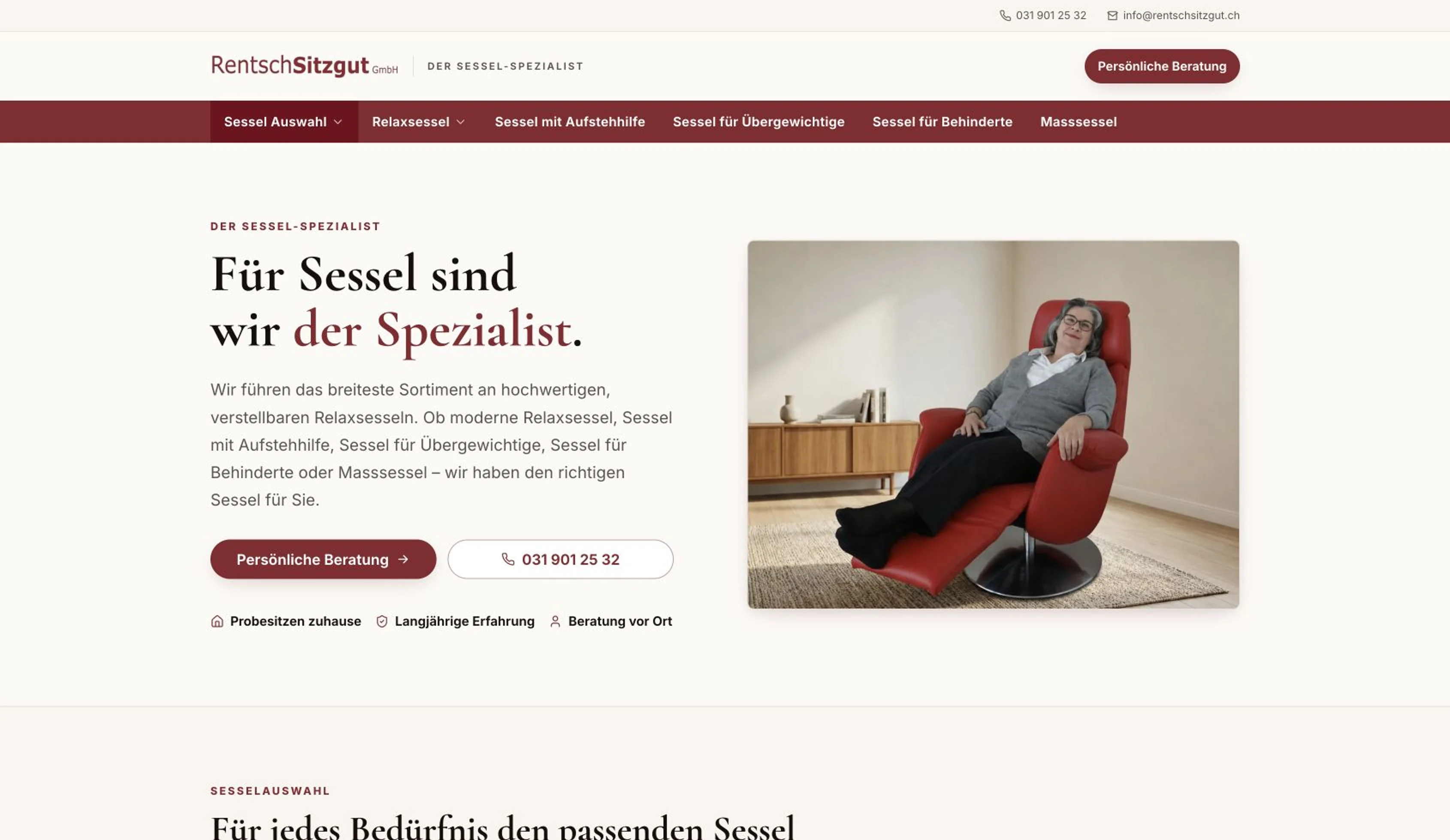 Startseite der RentschSitzgut Website mit rotem Relaxsessel