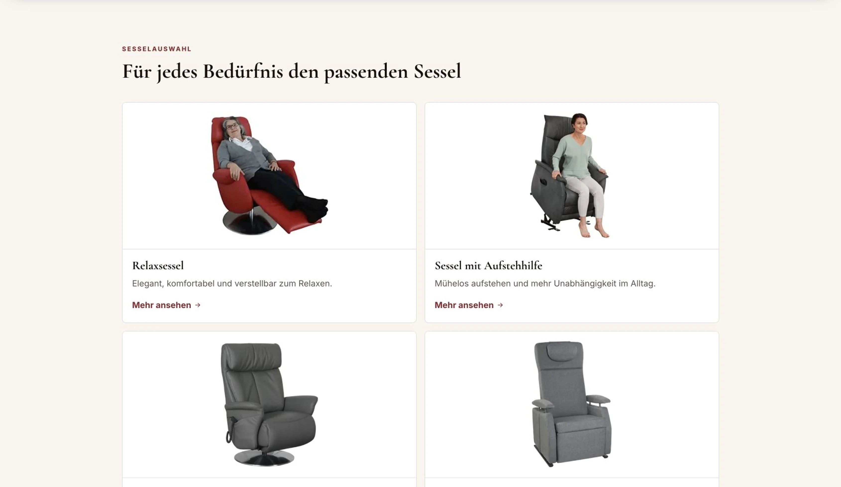 Sesselübersicht auf der RentschSitzgut Website